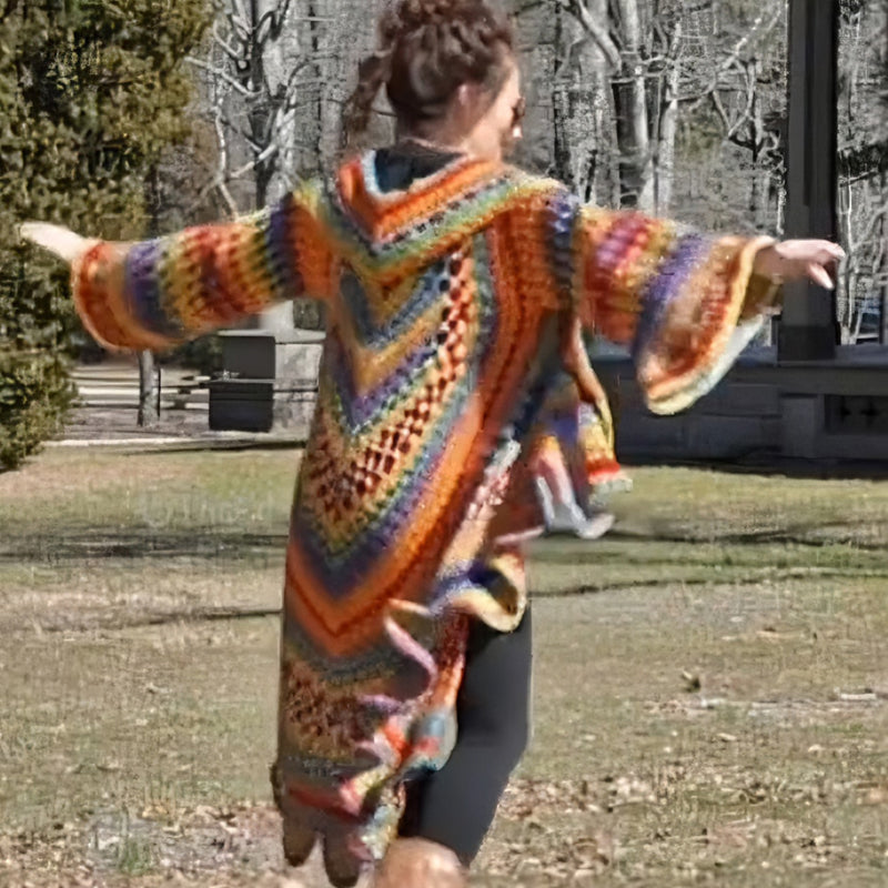 Bohemian Hippie Style Rainbow Hooded Crochet Long Cardigan