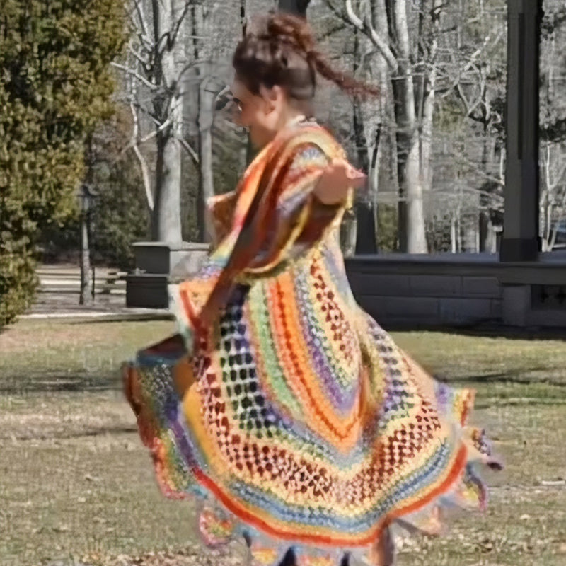 Bohemian Hippie Style Rainbow Hooded Crochet Long Cardigan