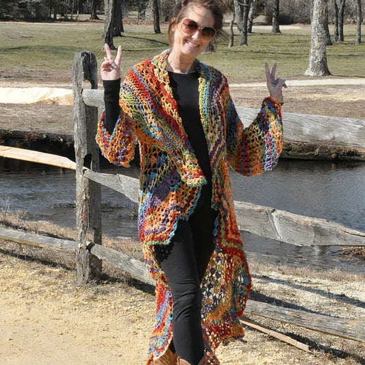 Bohemian Hippie Style Rainbow Hooded Crochet Long Cardigan